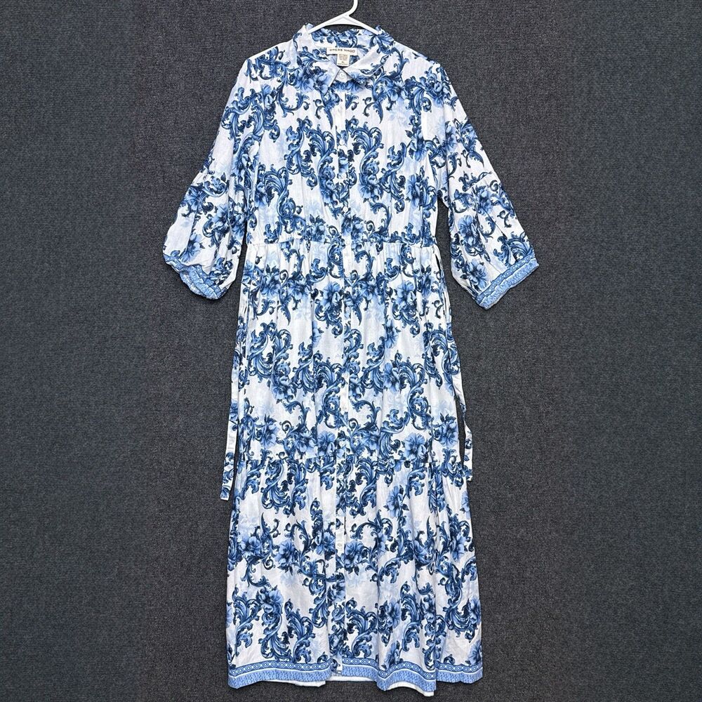 Dress Nado Women’s Shirt Dress Midi White Blue Filagree Linen Blend Coastal XL